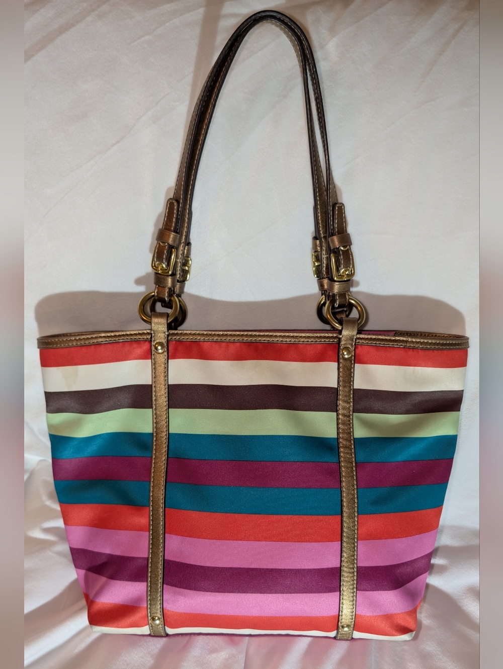 COACH LEGACY SATEEN STRIPE MEDIUM TOTE RARE MULTICOLOR GUC - Picture 3 of 16